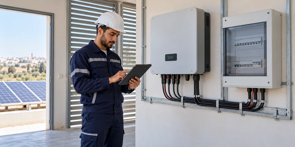 Technicien consultant une tablette près d’équipements photovoltaïques fermés — illustration générée