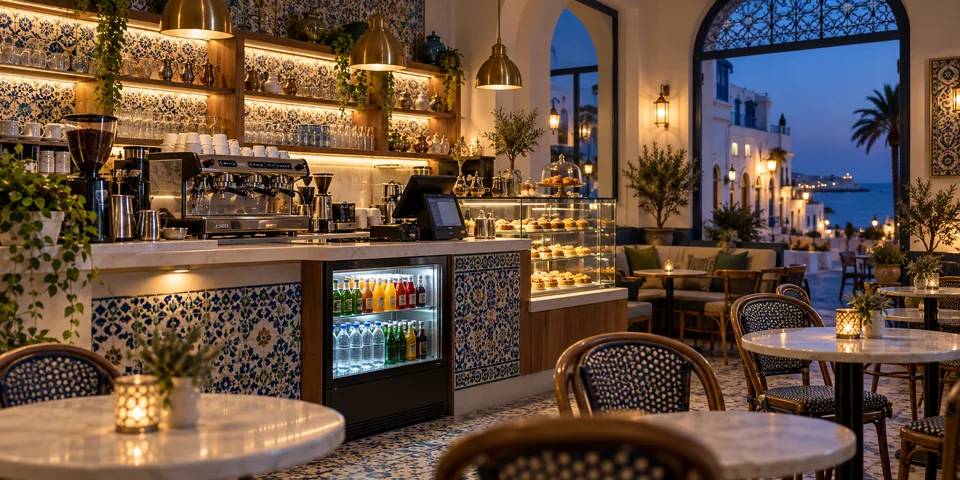 Comptoir et équipements essentiels d’un café tunisien — illustration générée