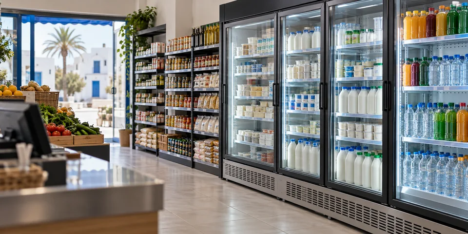 Vitrines réfrigérées fermées dans un commerce alimentaire — illustration générée