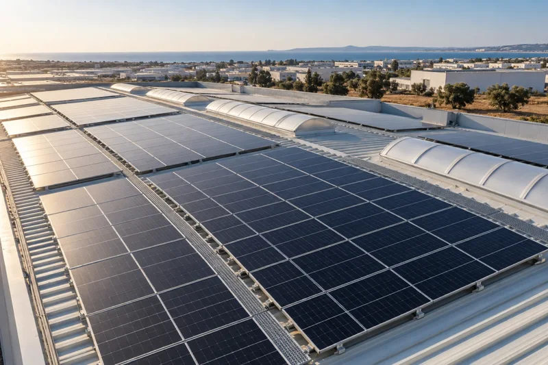 Toiture industrielle équipée de panneaux photovoltaïques — visuel de présentation généré