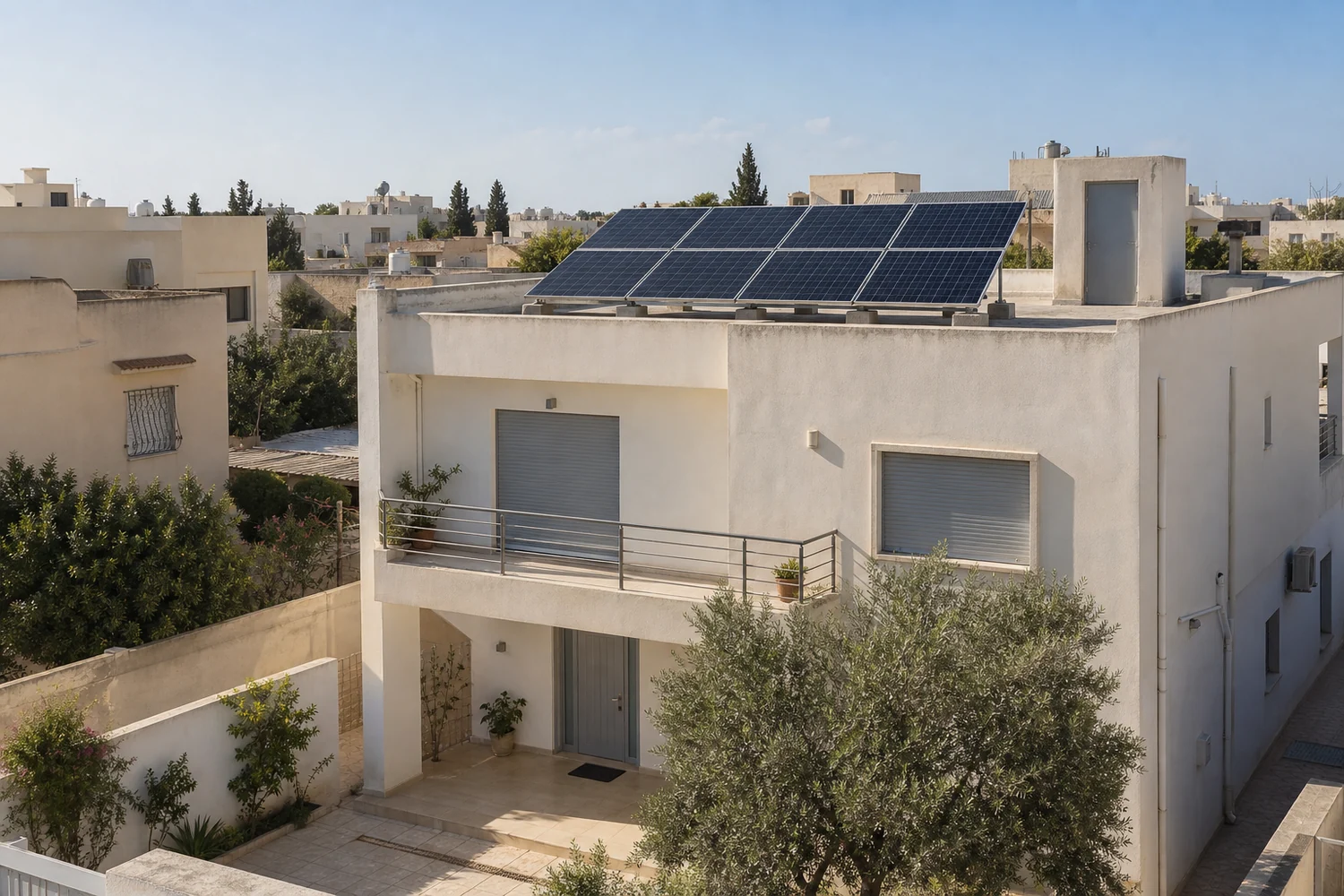 Maison tunisienne équipée de panneaux photovoltaïques — illustration