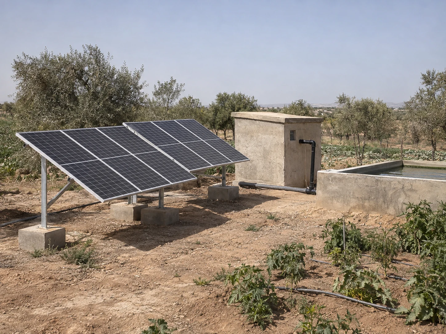 Installation solaire près de cultures et d’un bassin d’irrigation — illustration
