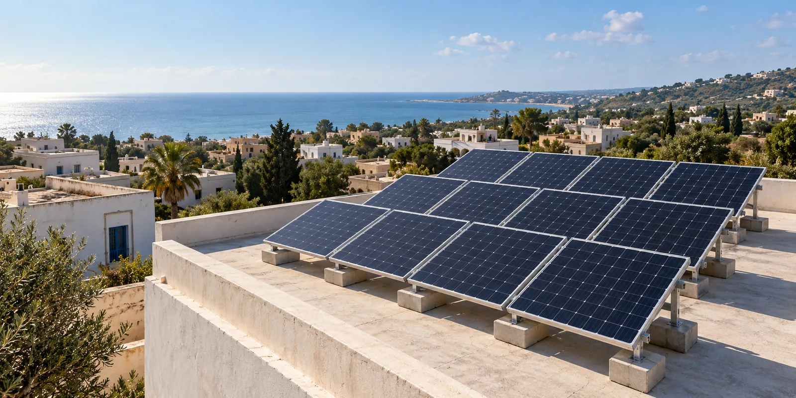 Installation photovoltaïque sur un bâtiment tunisien — illustration générée