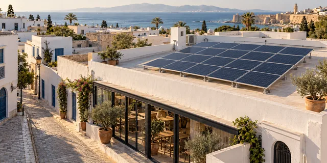 Installation photovoltaïque sur un bâtiment tunisien — illustration générée